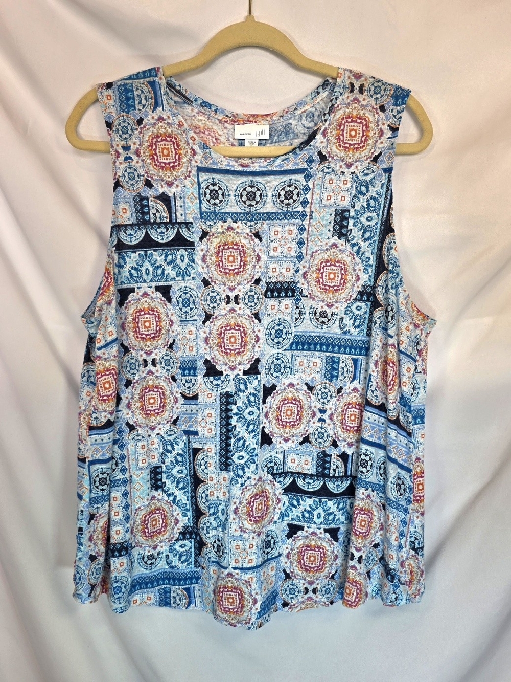 J. Jill Love Linen Geometric Summer Whimsy Pretty Knit Tank Top Blue XL Petite